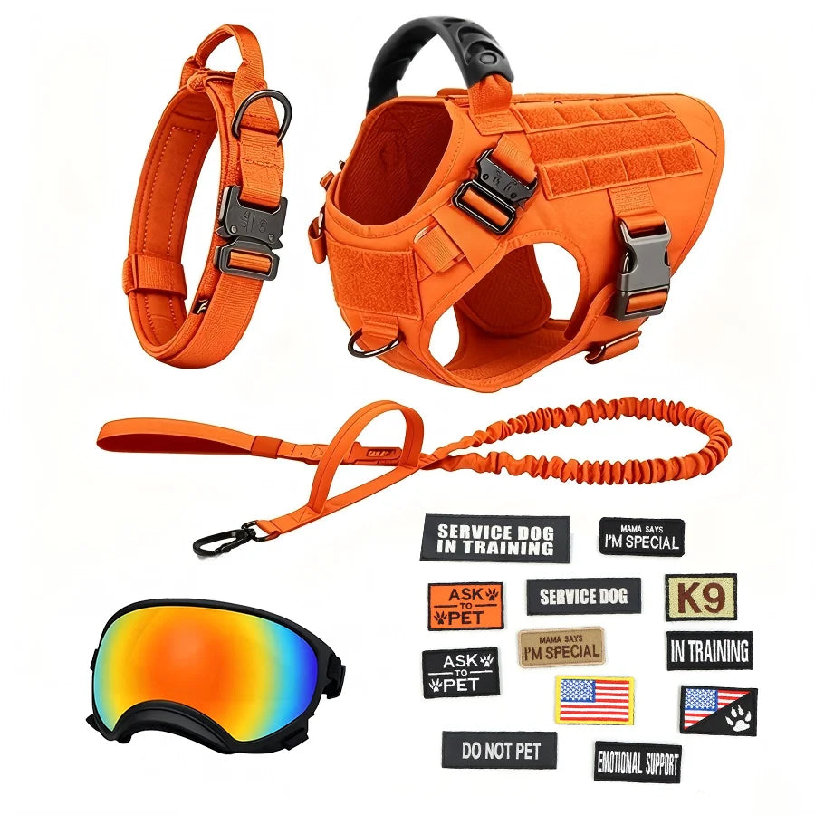 Tactical Dog Harness Vest With Leash Velcro Patches And Sunglasses