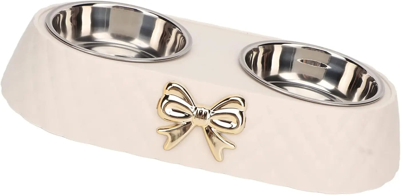 Double Pet Bowl Set With Bowknot Decor Holder Stainless Steel