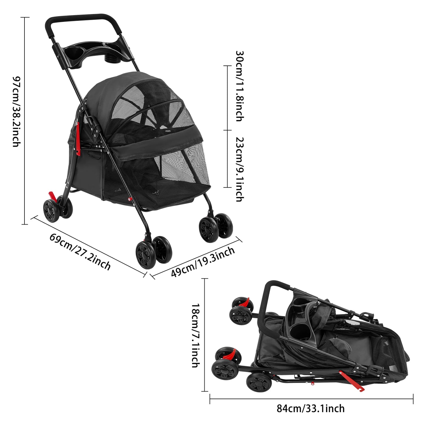 Foldable Pet Travel Cart With Water Cup Holder And Handle