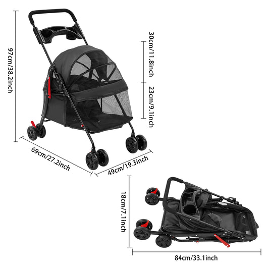 Foldable Pet Travel Cart With Water Cup Holder And Handle