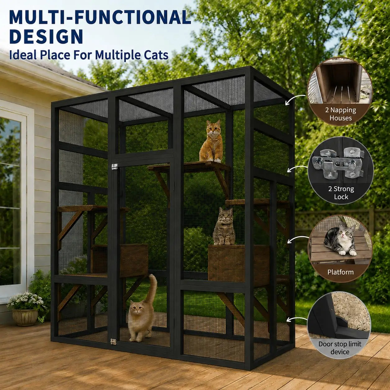 HiMISS Outdoor Wooden Catio Enclosure With Durable Roof And Rest Platforms
