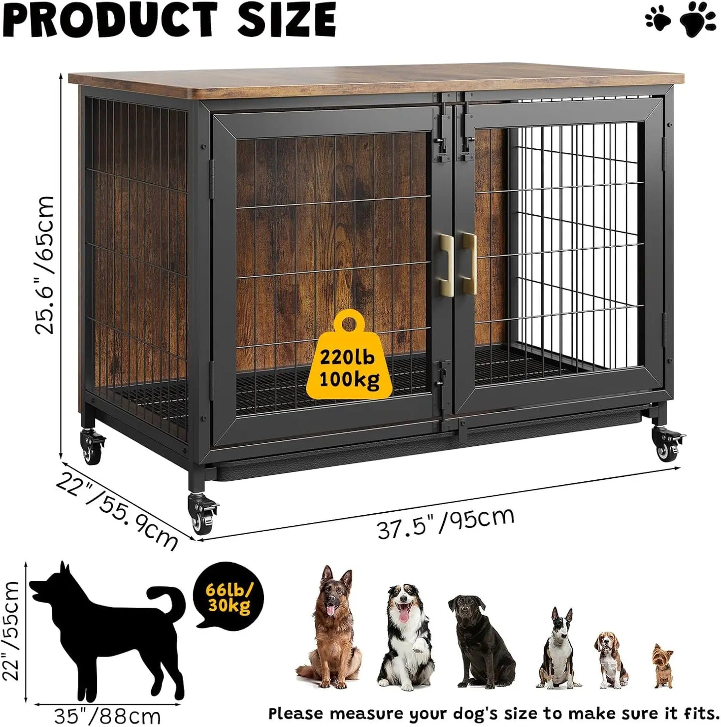 HiMISS Wooden Dog Crate With Heavy Duty Steel Frame Wheels