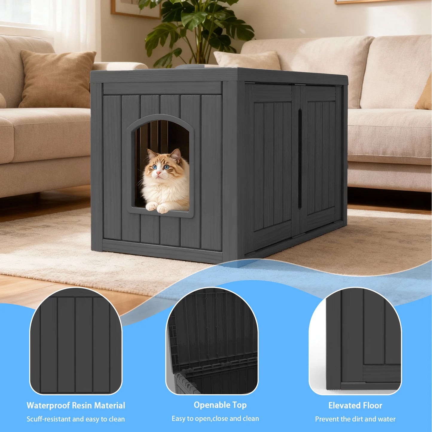 Weatherproof Resin Cat House With Double Doors And Lounge Top