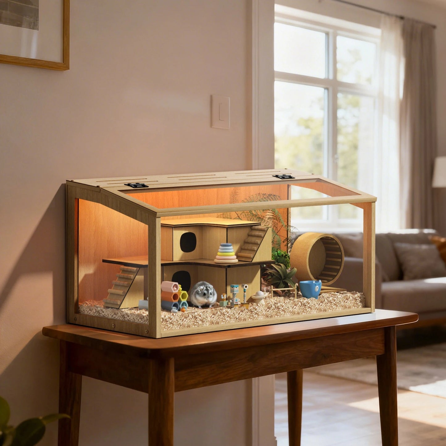 Wooden Hamster Cage With Built In LED Light Habitat