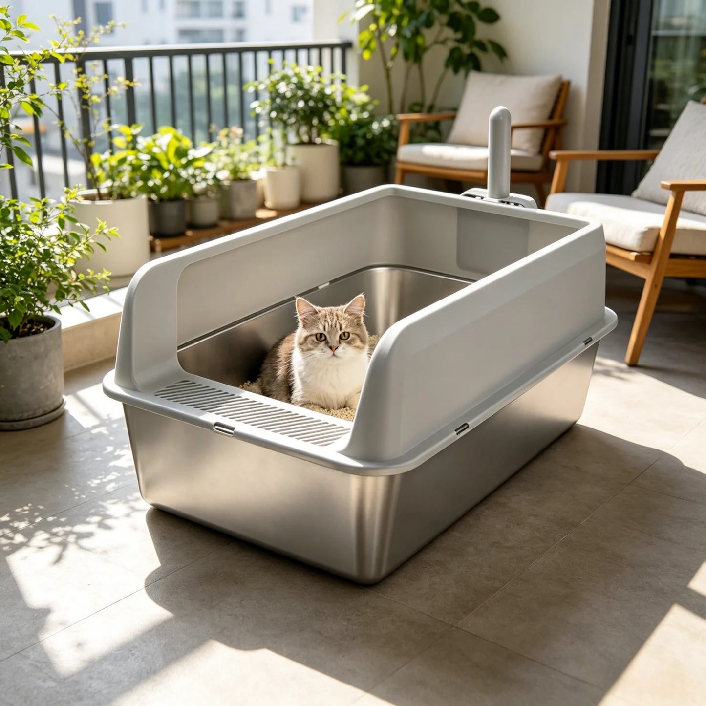 Stainless Steel Large High-Sided Cat Litter Box With Spoon