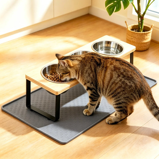 Elevated Cat Feeder With Tilted Stainless Bowls On Bamboo Iron Stand