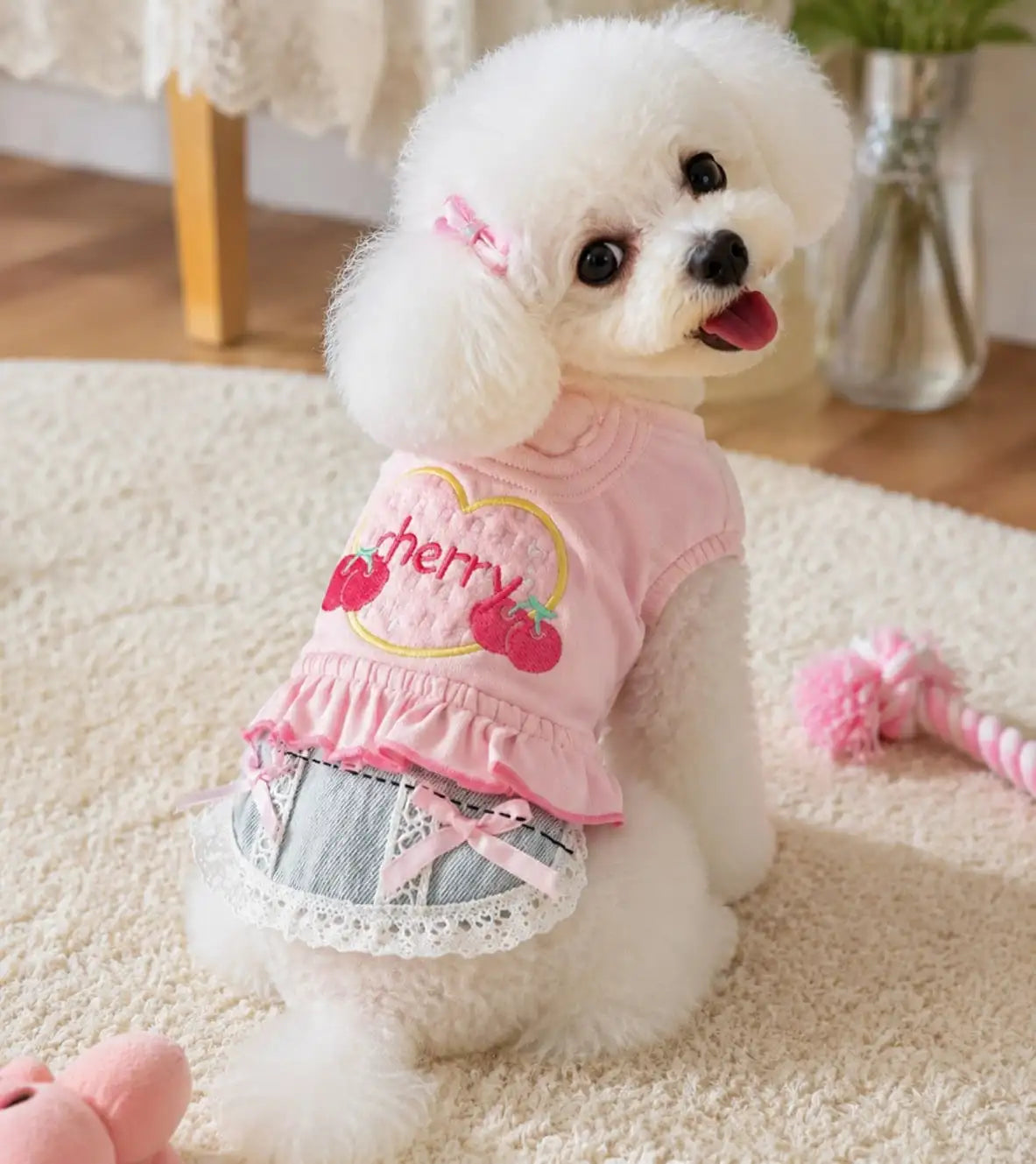 Small Dog Denim Vest Skirt Pet Outfit With Decorative Frills