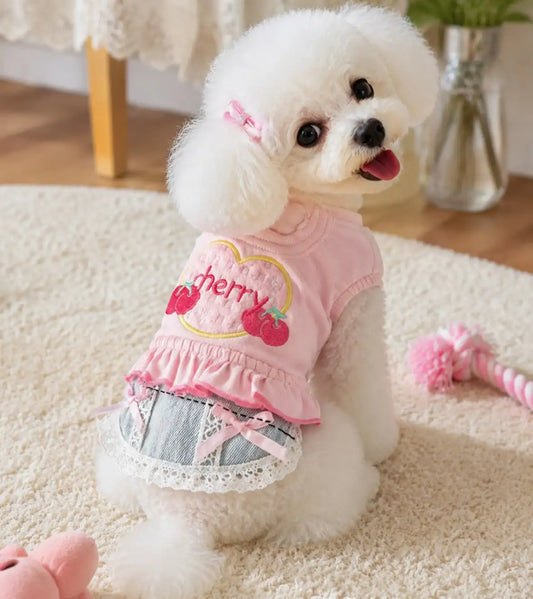 Small Dog Denim Vest Skirt Pet Outfit With Decorative Frills