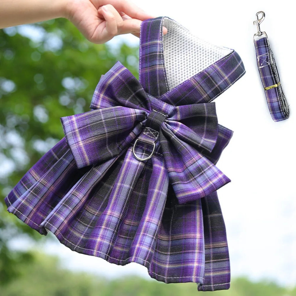 Dog Plaid JK Dress Harness Skirt With Leash Traction Washable