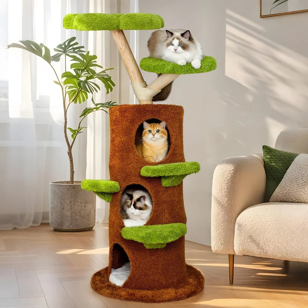 BORWART Luxury Wood Cat Tree Tower With Condo Bed And Scratching Post