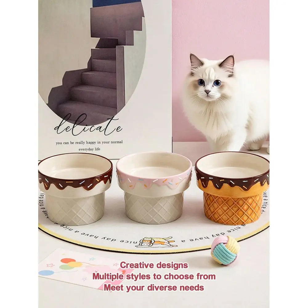 Ceramic Elevated Pet Bowl With Ice Cream Design Anti Tilt