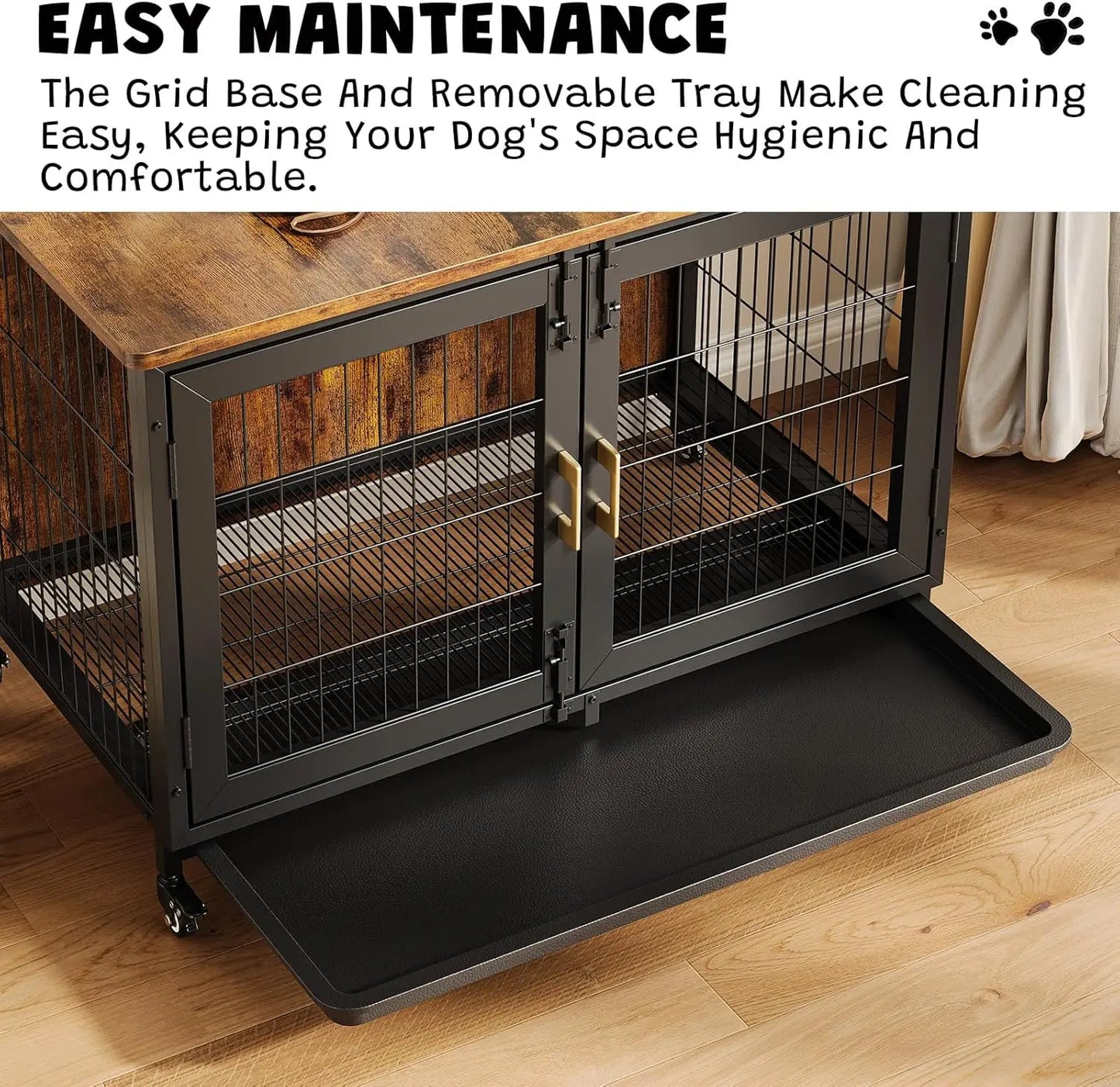 HiMISS Wooden Dog Crate With Heavy Duty Steel Frame Wheels