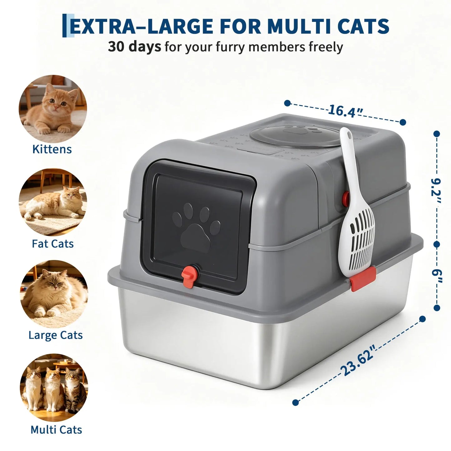 Studyset Enclosed Stainless Steel Litter Box For Multi Cat Home