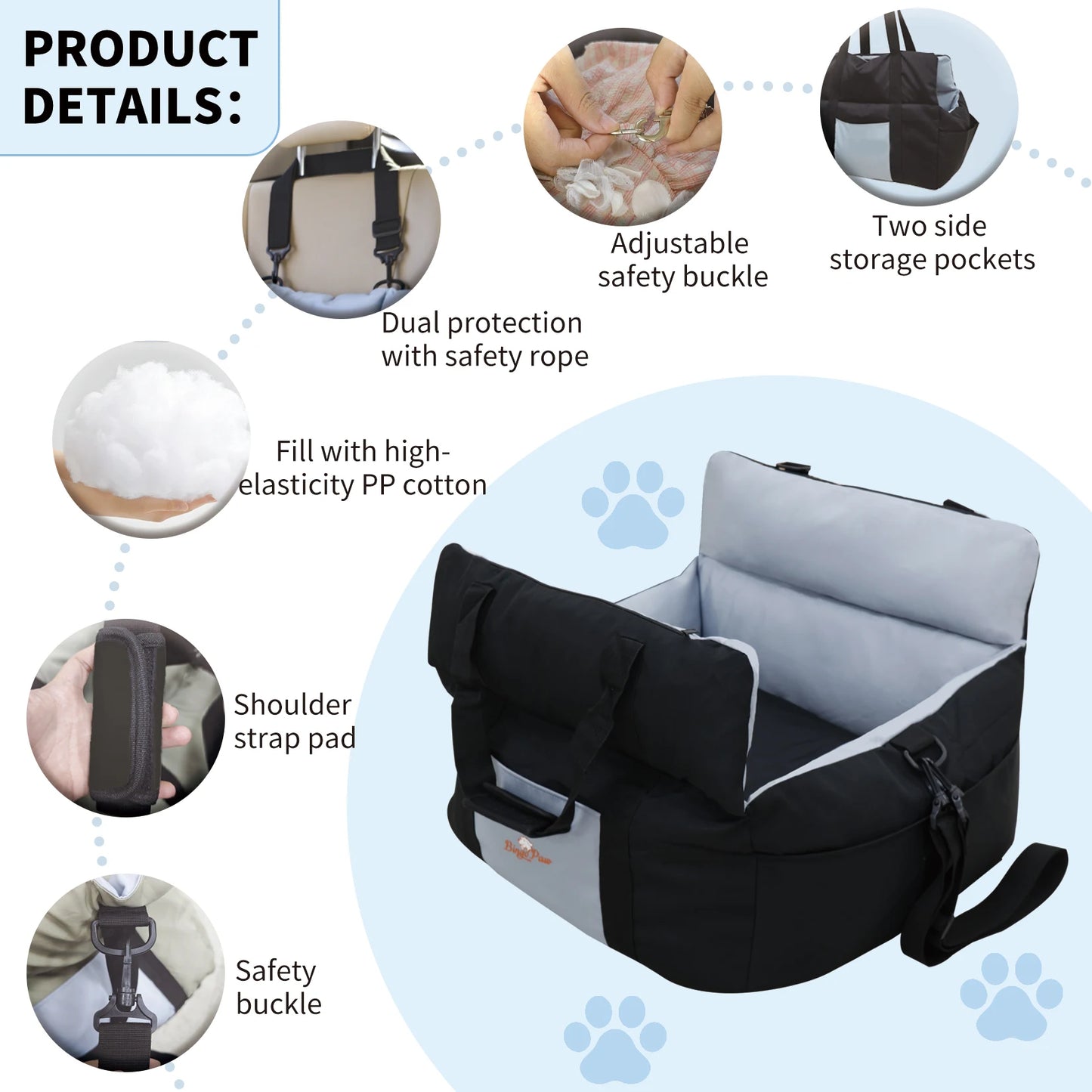 Borwart Portable Dog Car Seat With Safety Belt Storage Pocket