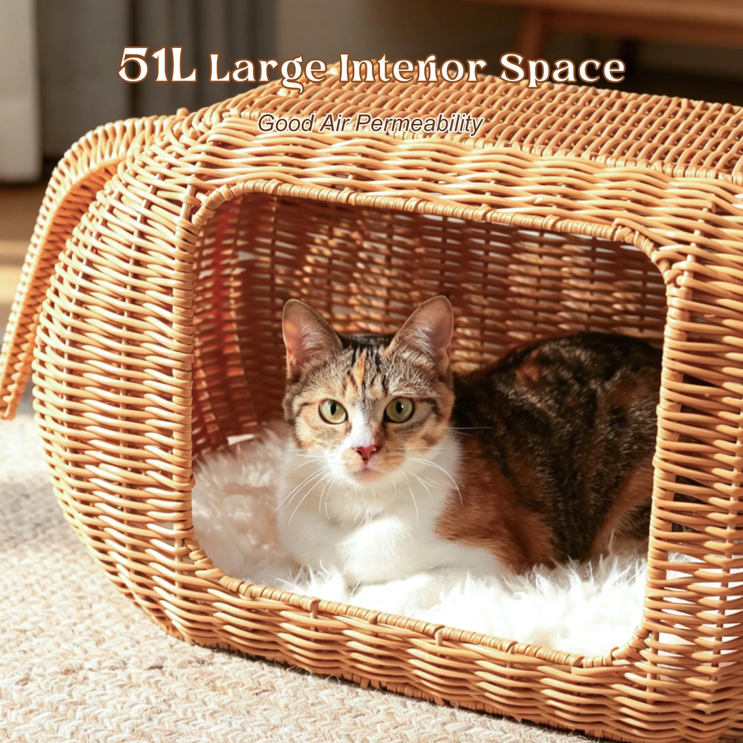 PEQULTI Elephant Rattan Cat Condo Bed Plush Cushioned Hideaway