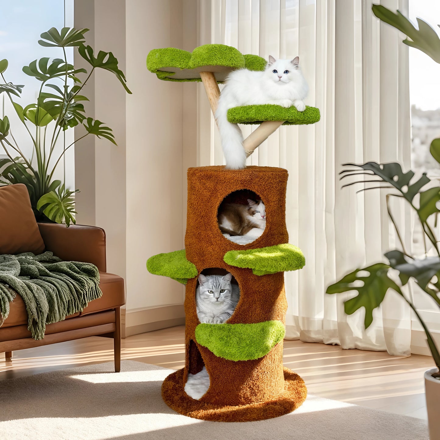 BORWART Luxury Wood Cat Tree Tower With Condo Bed And Scratching Post