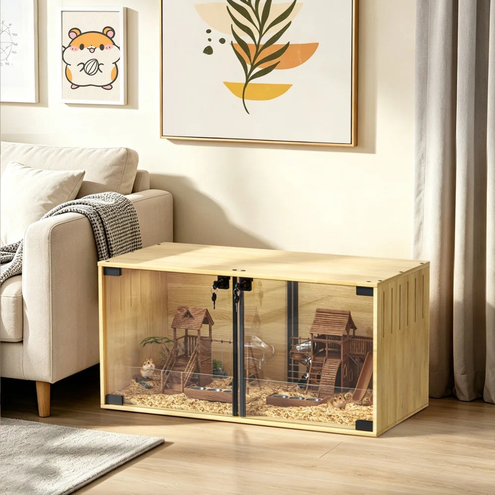 Wooden Hamster Cage Chew Proof With Dual Doors Removable Divider