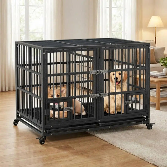 HiMISS Heavy Duty Metal Dog Crate With Divider And Wheels