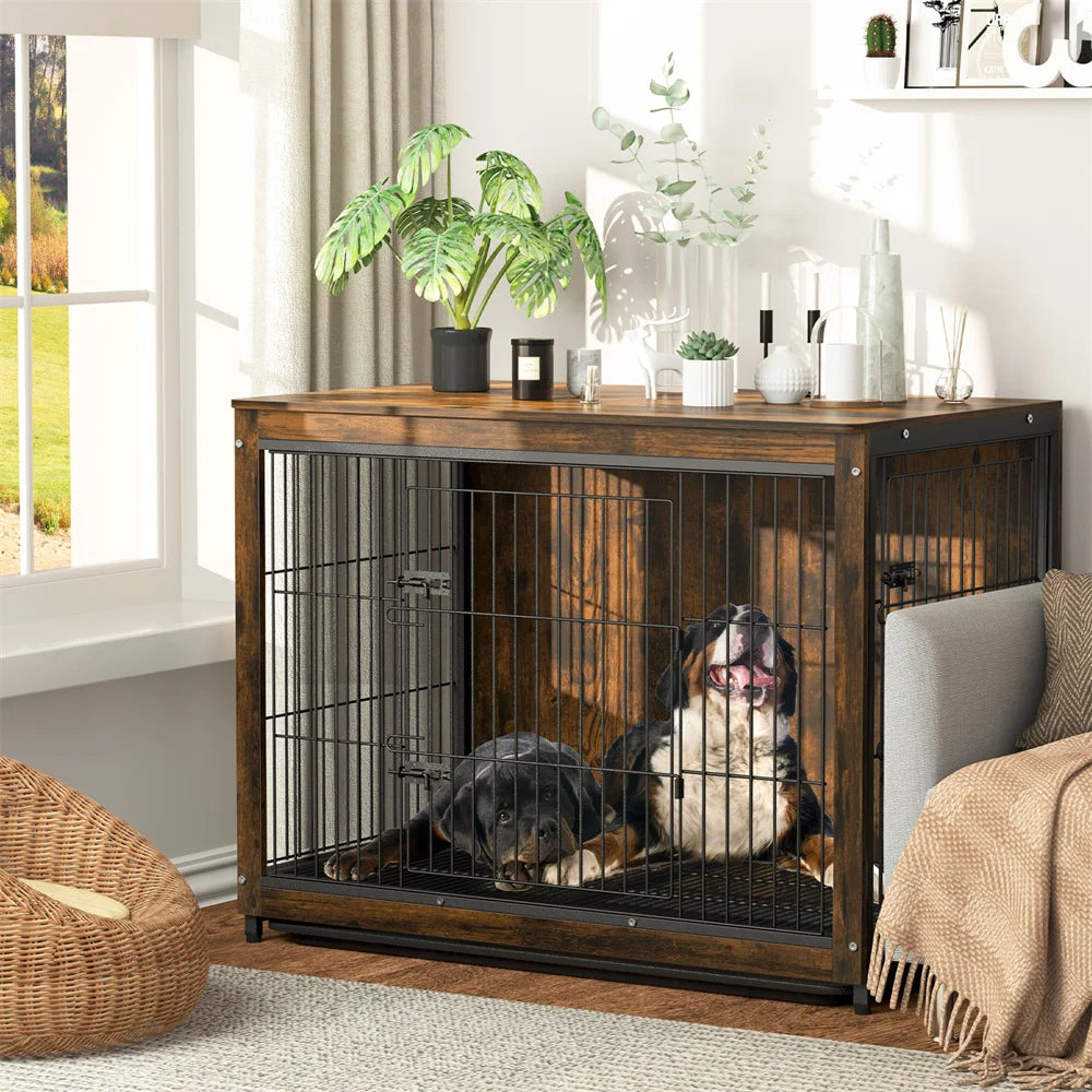 BORWART Wooden Elevated Dog Crate End Table With Double Doors