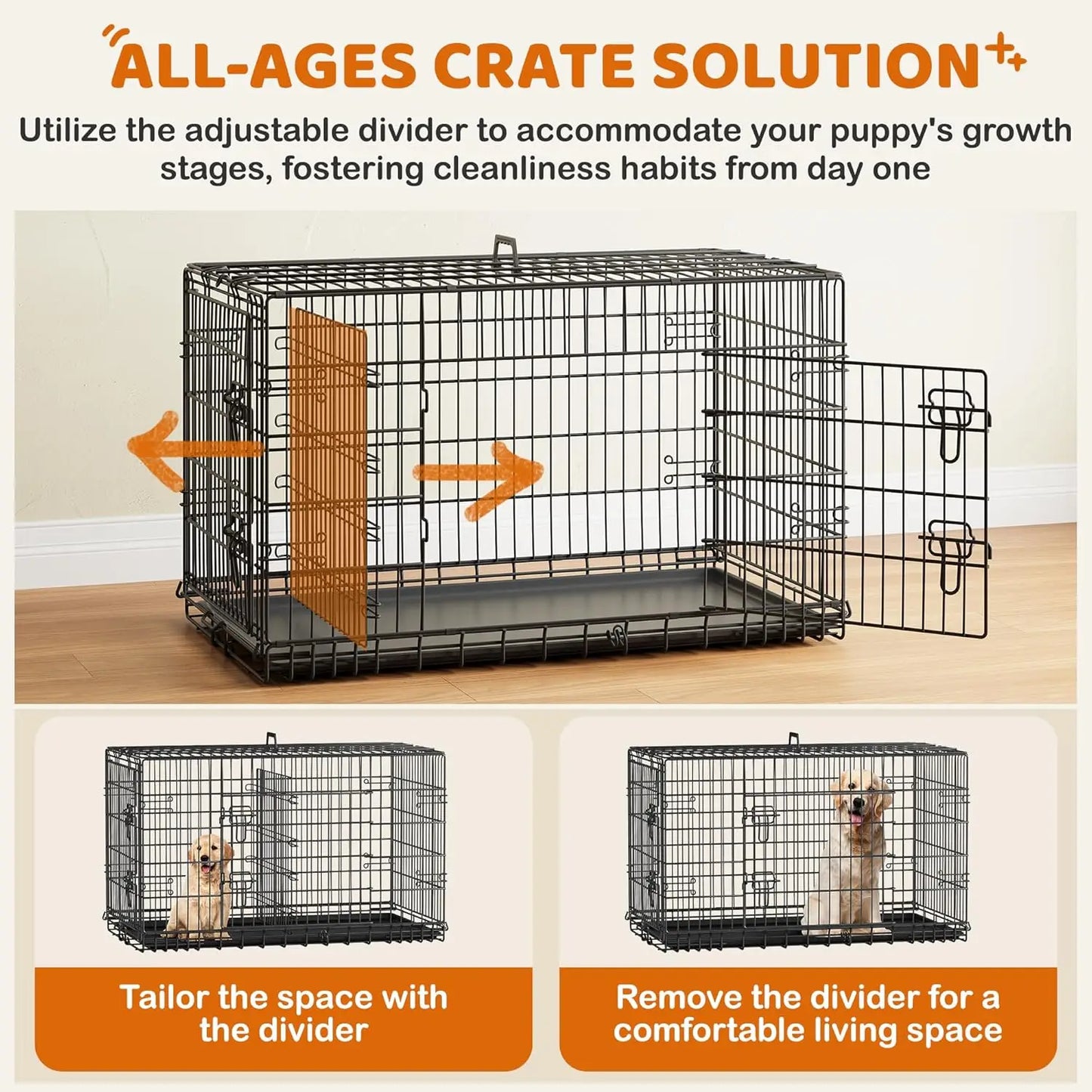 Dog Crate With Divider Collapsible Metal Kennel With Removable Tray