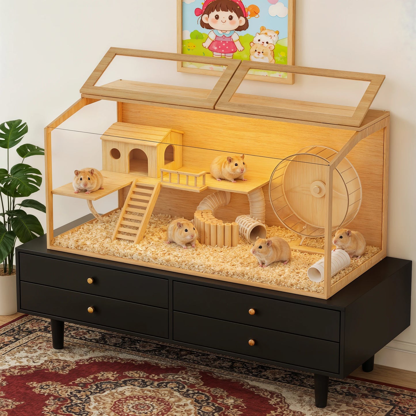 Wooden Hamster Cage With Built In LED Light Habitat