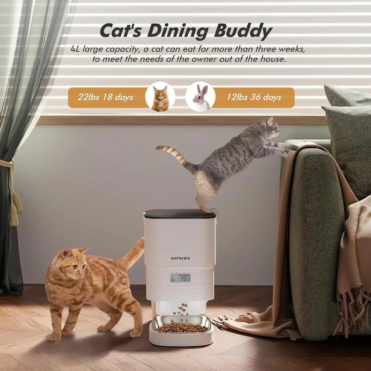 Nityers 4.5L Automatic Cat And Small Dog Pet Feeder With Stainless Steel Bowl