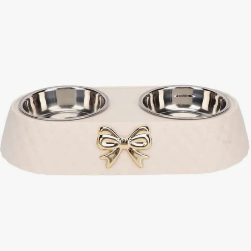 Double Pet Bowl Set With Bowknot Decor Holder Stainless Steel