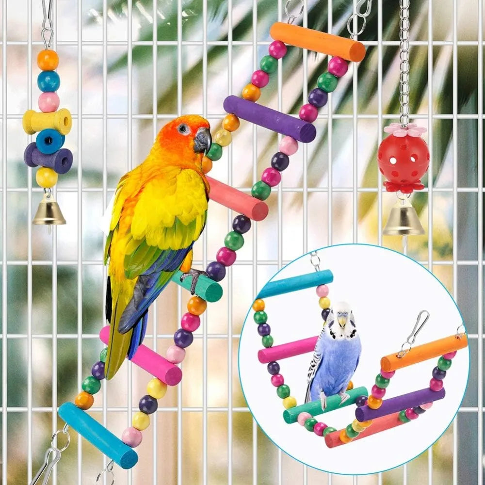 Parakeet Bird Toys 11 Pcs Wood Perch Swings For Birds