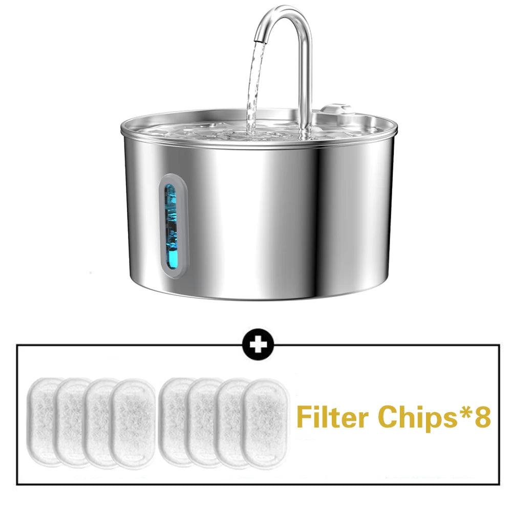 Stainless Steel Cat Water Fountain With LED Window