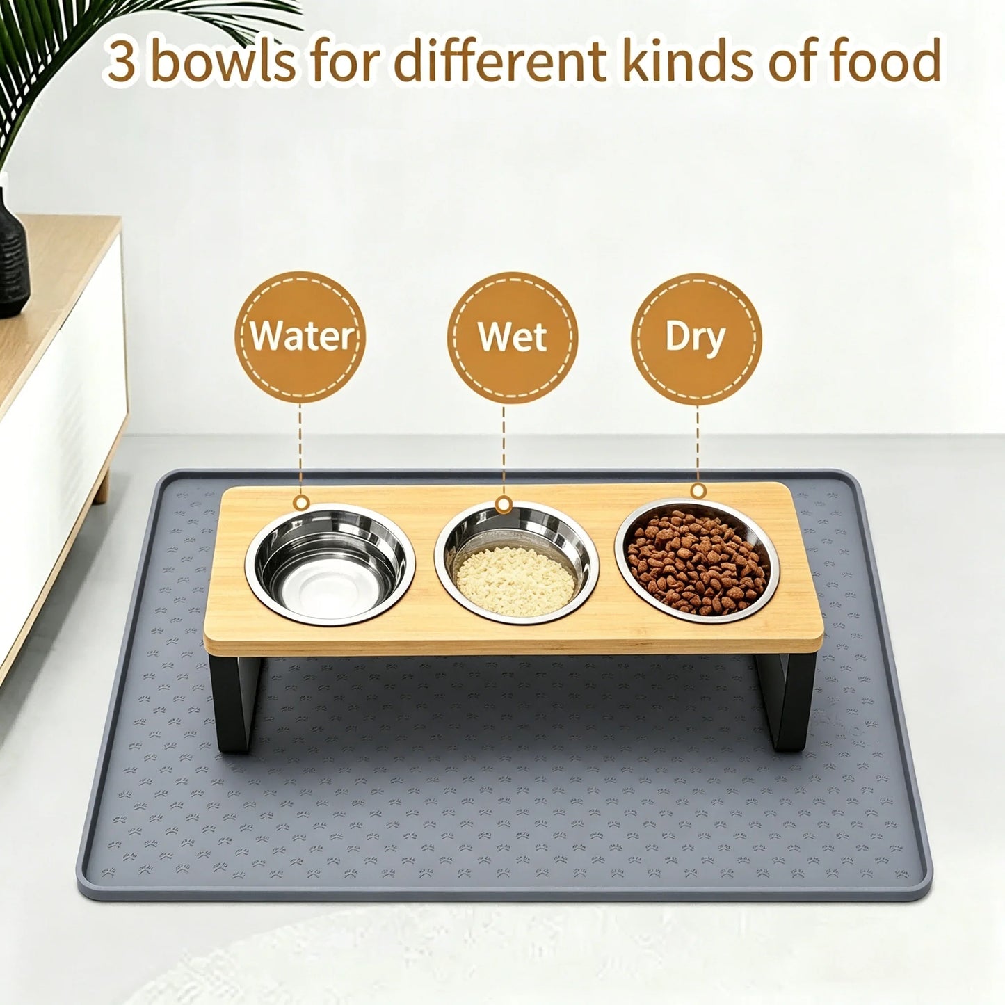 Elevated Cat Feeder With Tilted Stainless Bowls On Bamboo Iron Stand