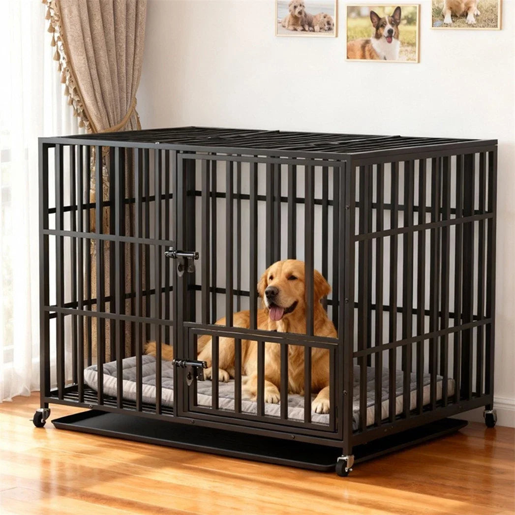 BINGOPAW Heavy-Duty 3-Door Metal Dog Crate With Wheels