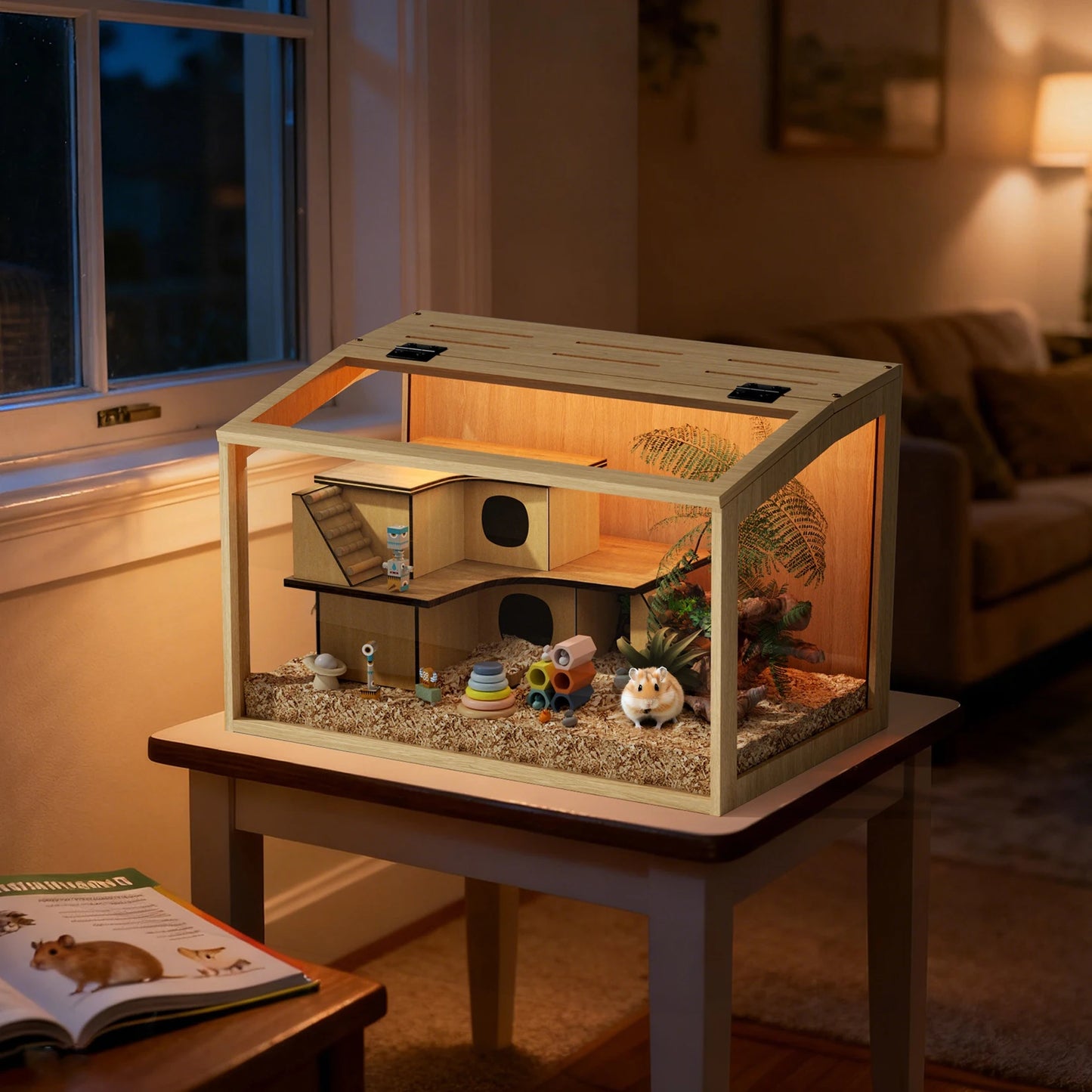 Wooden Hamster Cage With Built In LED Light Habitat