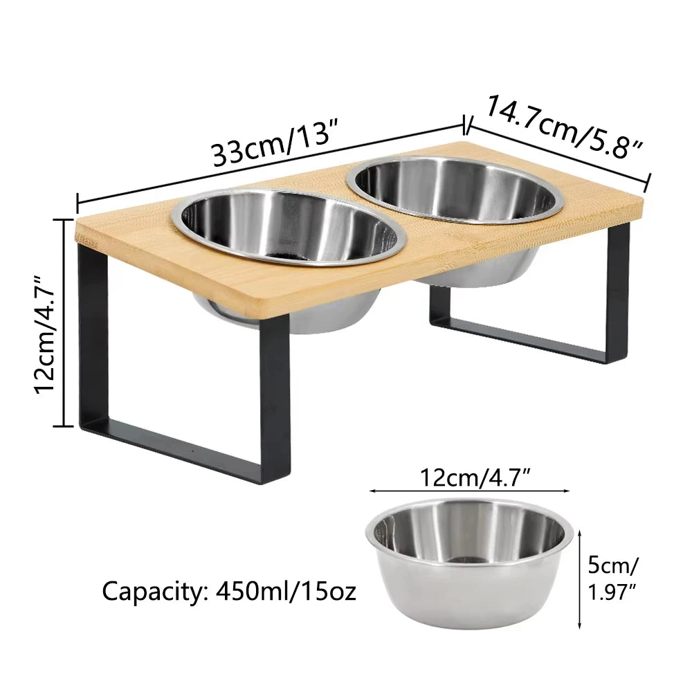Raised Tilted Cat Bowls With Wooden Stand And Two Stainless Steel Bowls