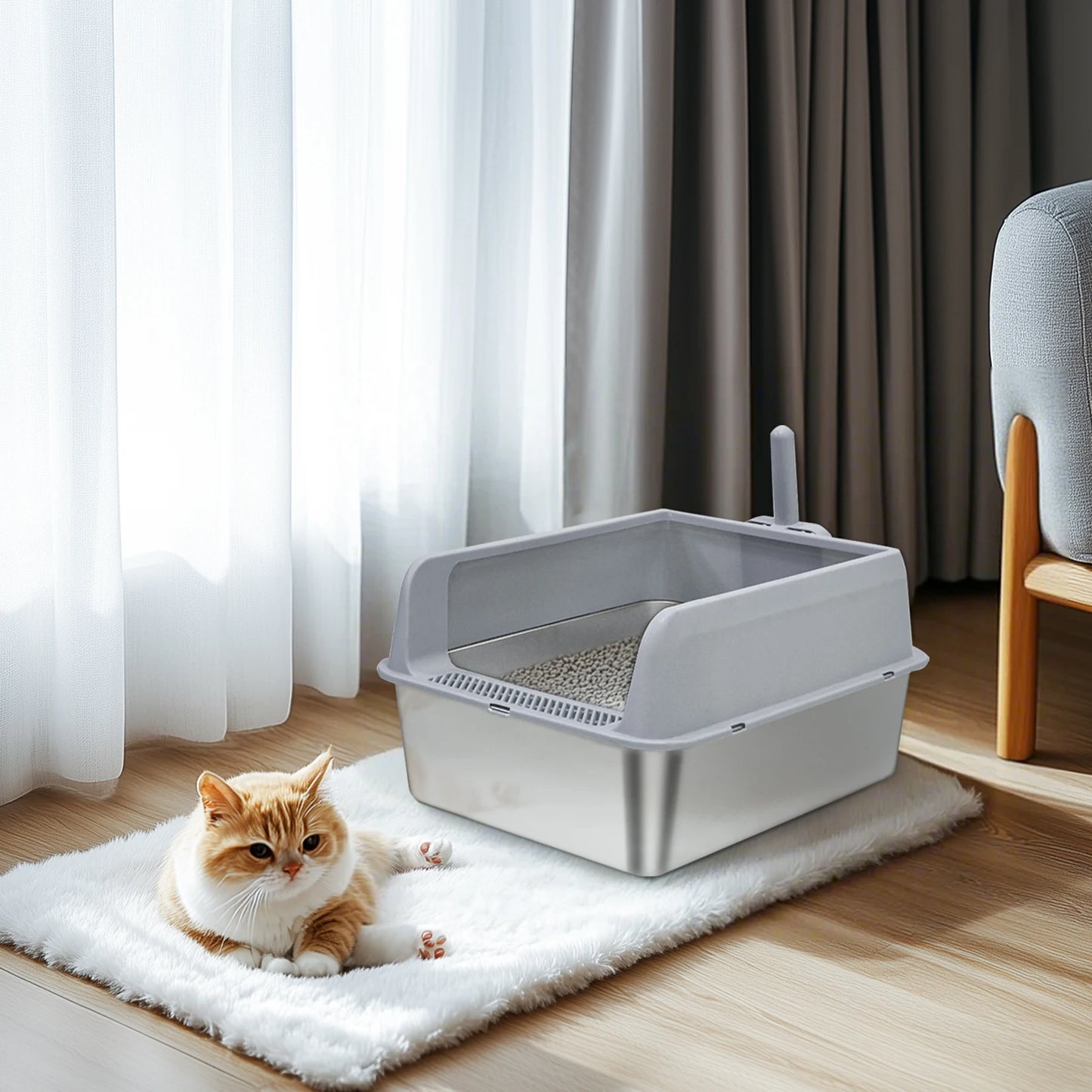 Stainless Steel Cat Litter Box High Sided Semi Open