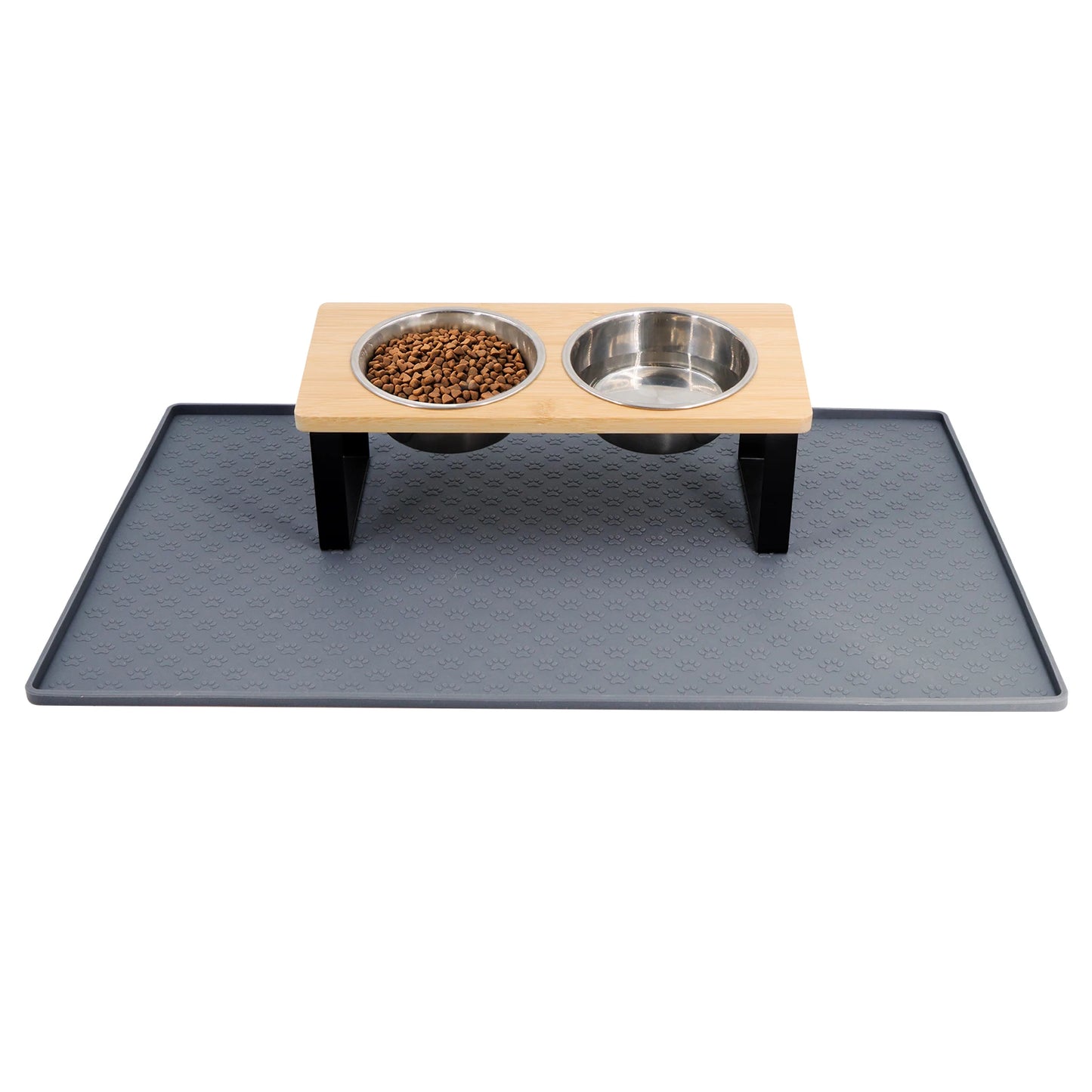 Raised Tilted Cat Bowls With Wooden Stand And Two Stainless Steel Bowls