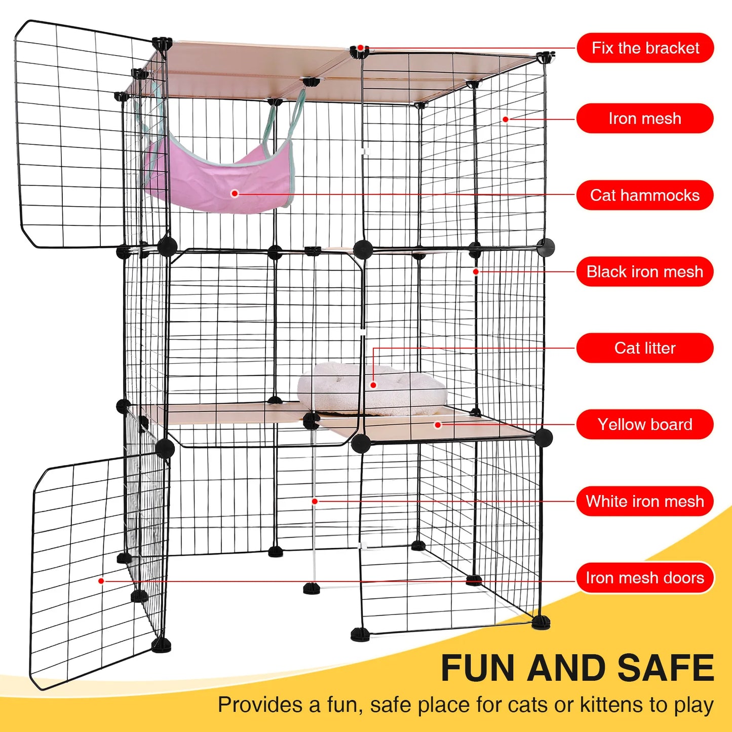 3-Tier Detachable Cat Cage With Hammock And Bed Enclosure