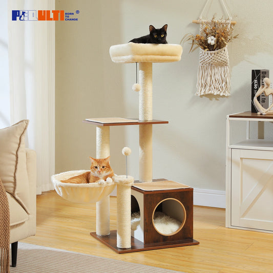 PAWZ Road Modern 3-Tier Wood Cat Tree With Cozy Condo