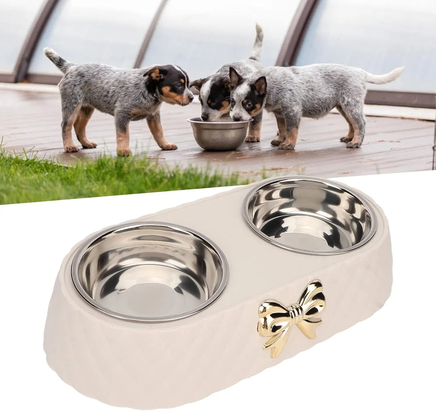 Double Pet Bowl Set With Bowknot Decor Holder Stainless Steel