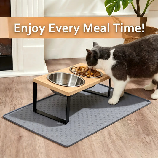 Raised Tilted Cat Bowls With Wooden Stand And Two Stainless Steel Bowls