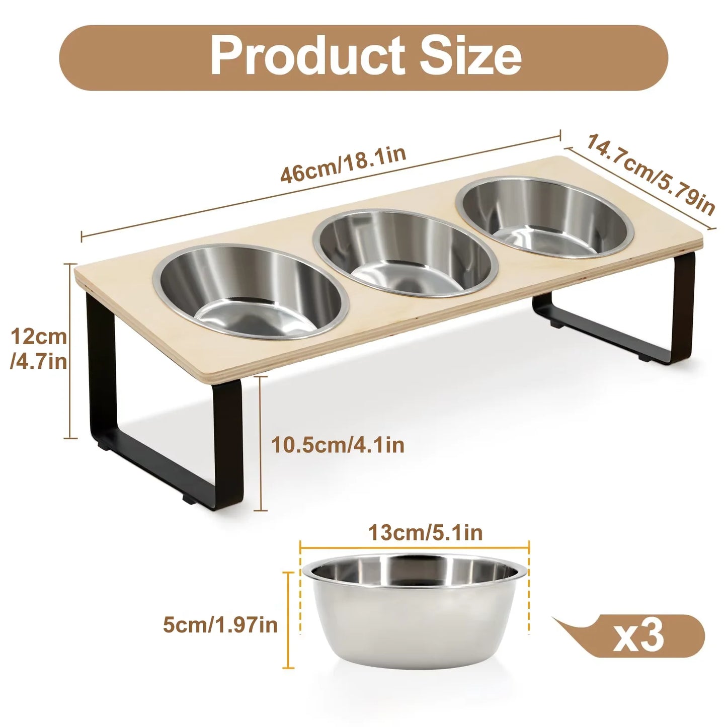 Elevated Cat Feeder With Tilted Stainless Bowls On Bamboo Iron Stand