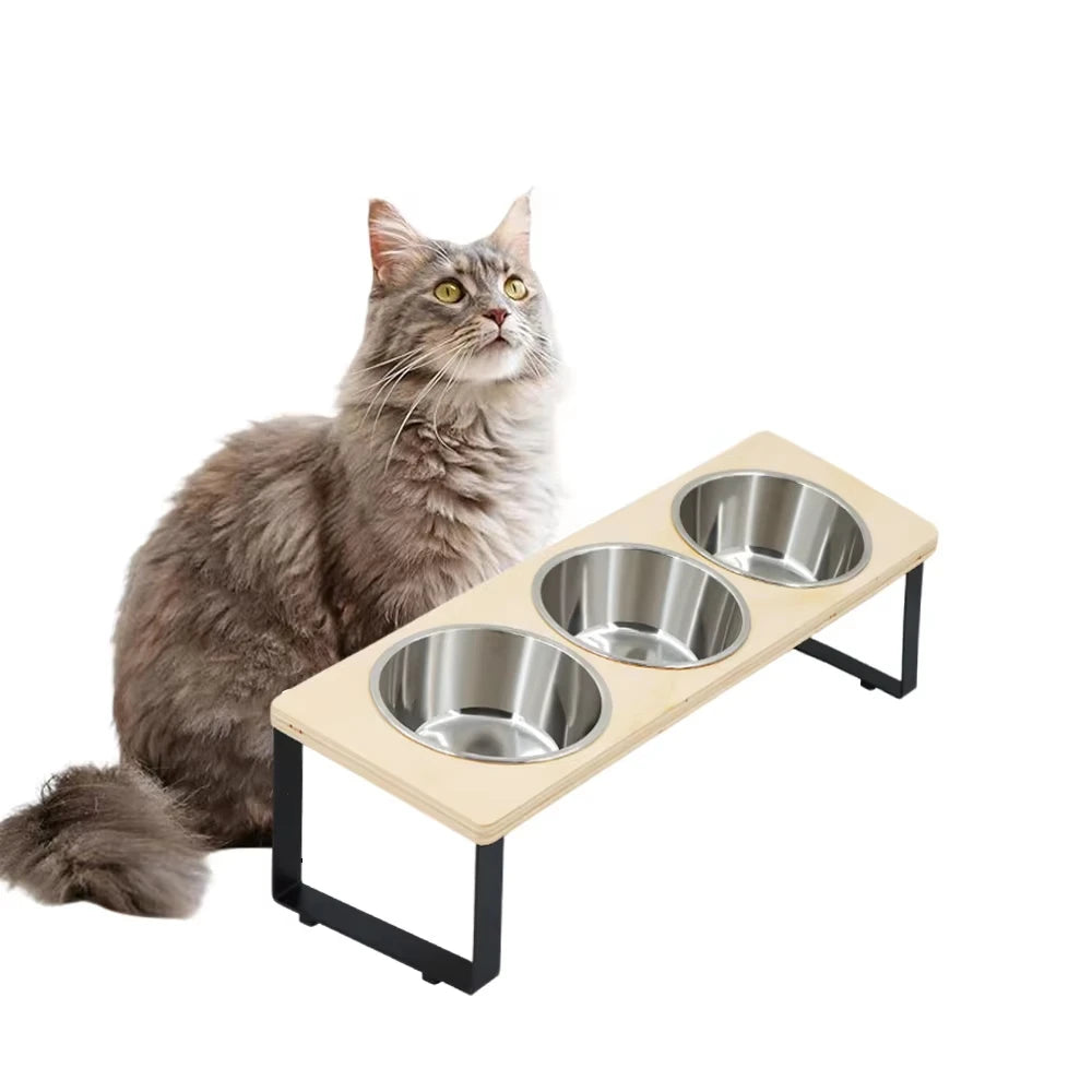 Elevated Cat Feeder With Tilted Stainless Bowls On Bamboo Iron Stand