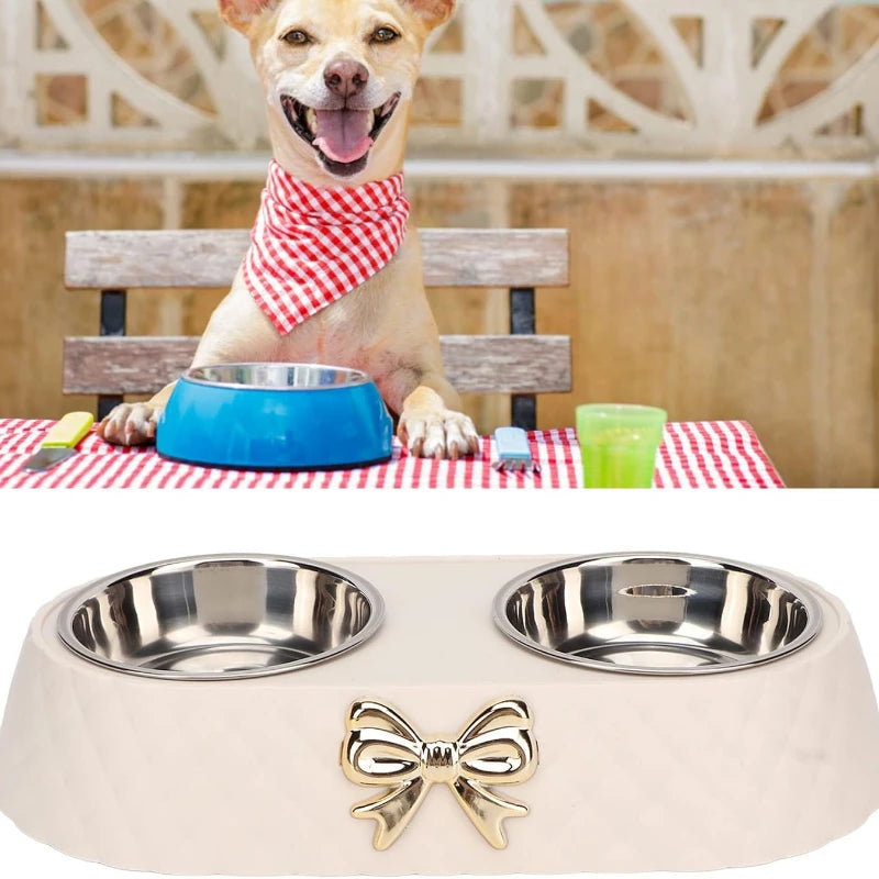 Double Pet Bowl Set With Bowknot Decor Holder Stainless Steel