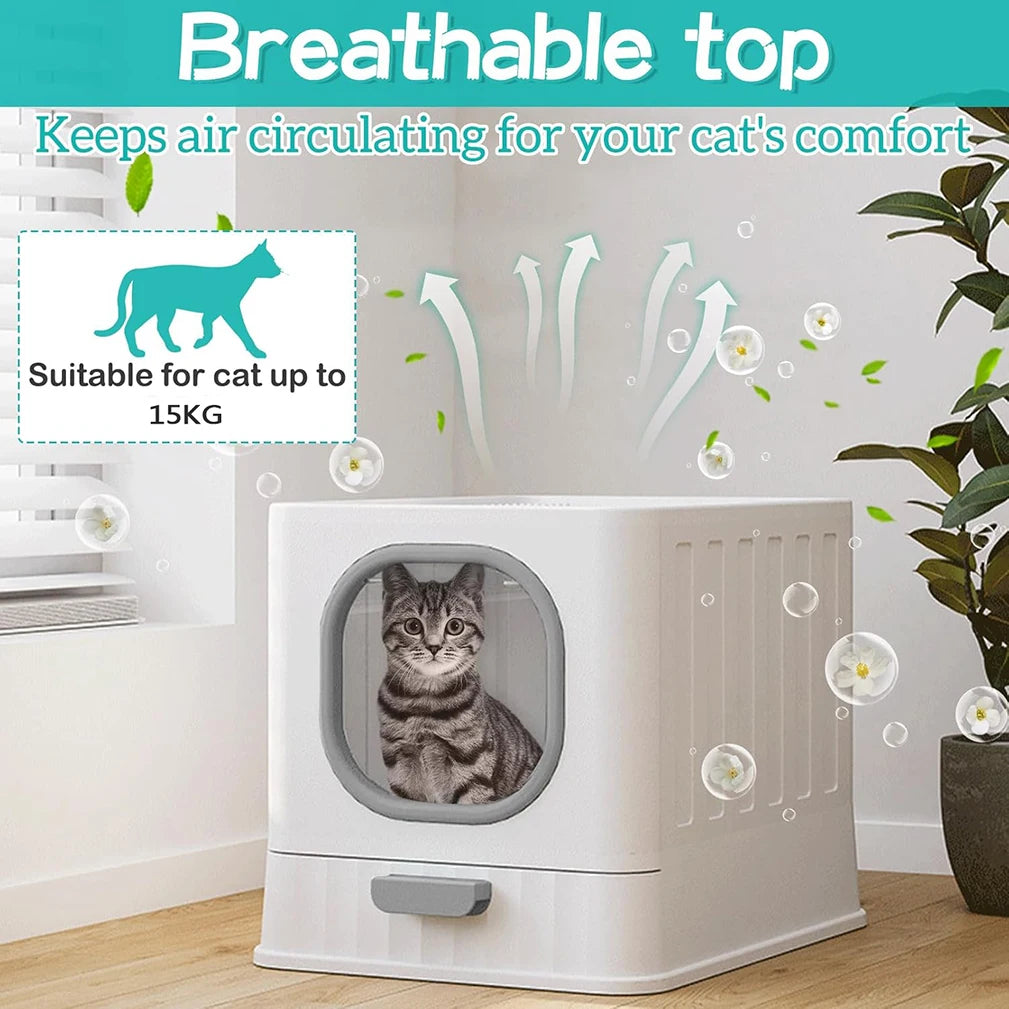 Leak Proof Enclosed Cat Litter Box With Drawer And Scoop