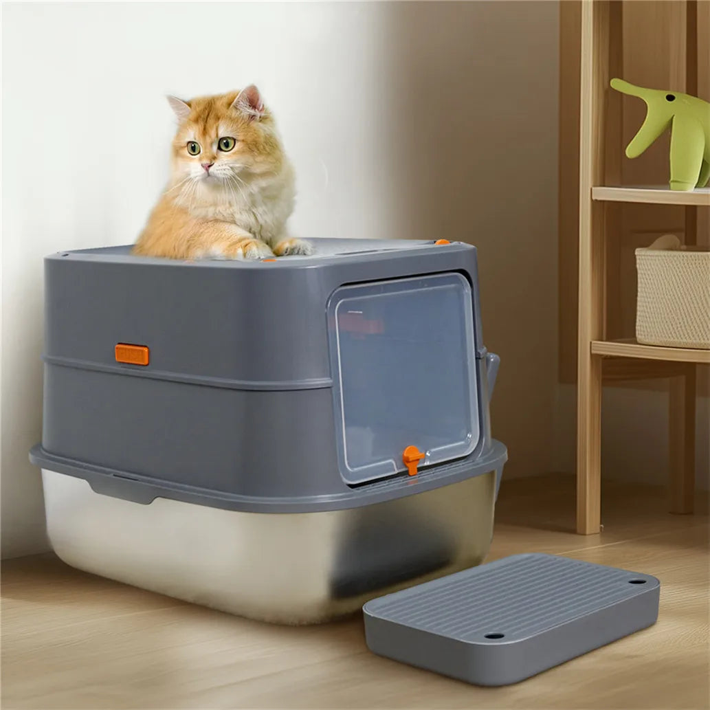 Stainless Steel Enclosed Cat Litter Box With Removable Lid And Scoop