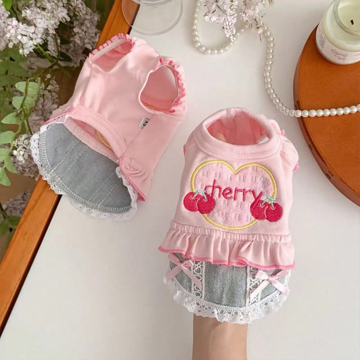 Small Dog Denim Vest Skirt Pet Outfit With Decorative Frills