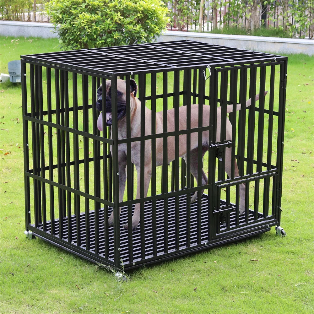 BORWART Heavy Duty Dog Crate Square Tube with Lockable Wheels