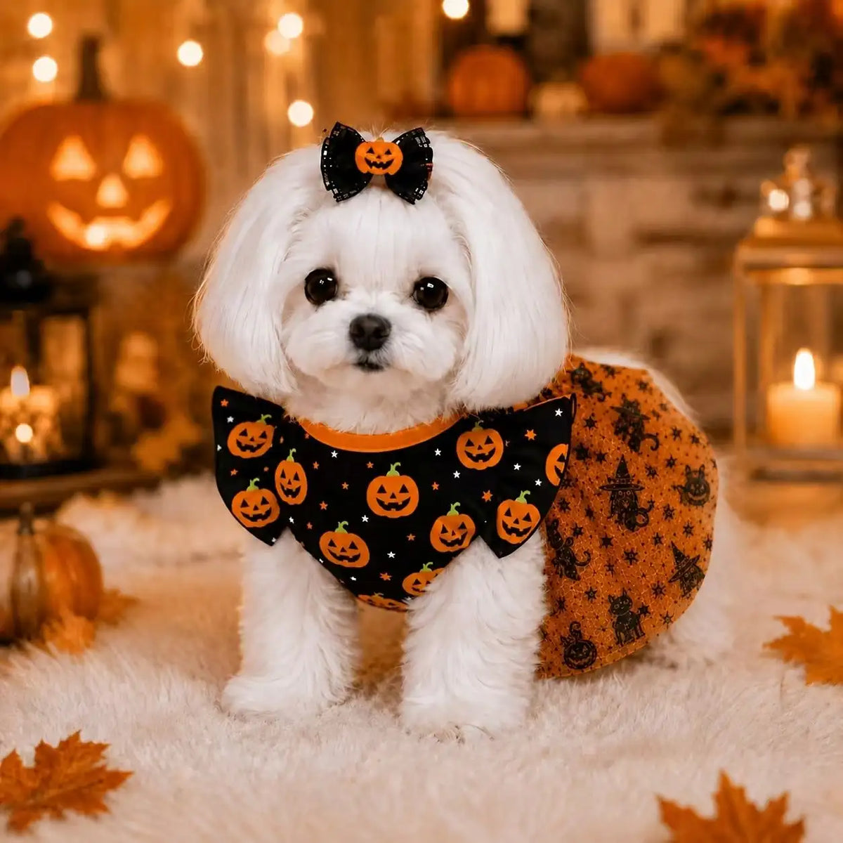 Breathable Halloween Pumpkin Print Dog Dress With Bow