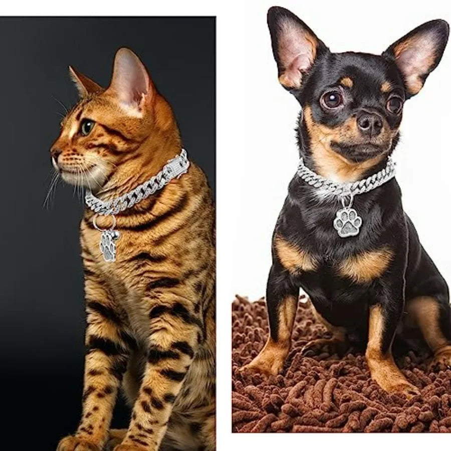 Diamond Chain Glitter Cat Collar With Buckle Paw Charm ID
