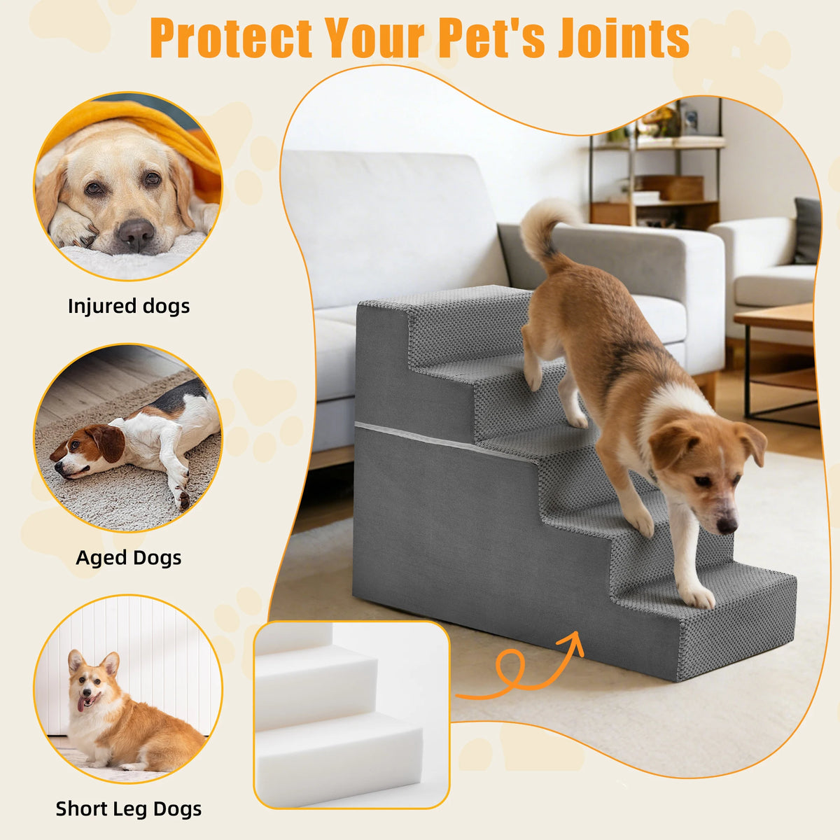 Right Angled Foam Dog Stairs Ramp 3-5 Steps Non Slip