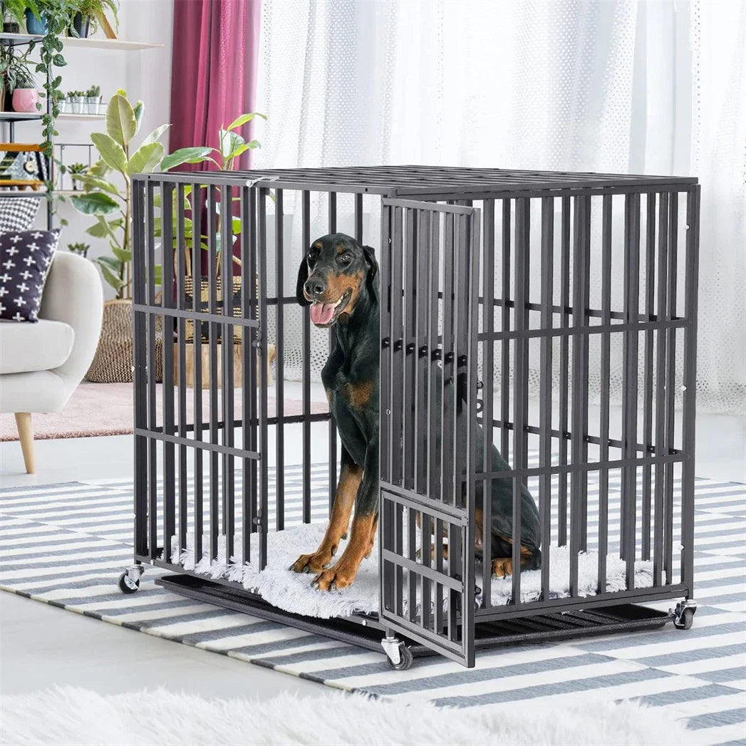 BINGOPAW Heavy-Duty 3-Door Metal Dog Crate With Wheels